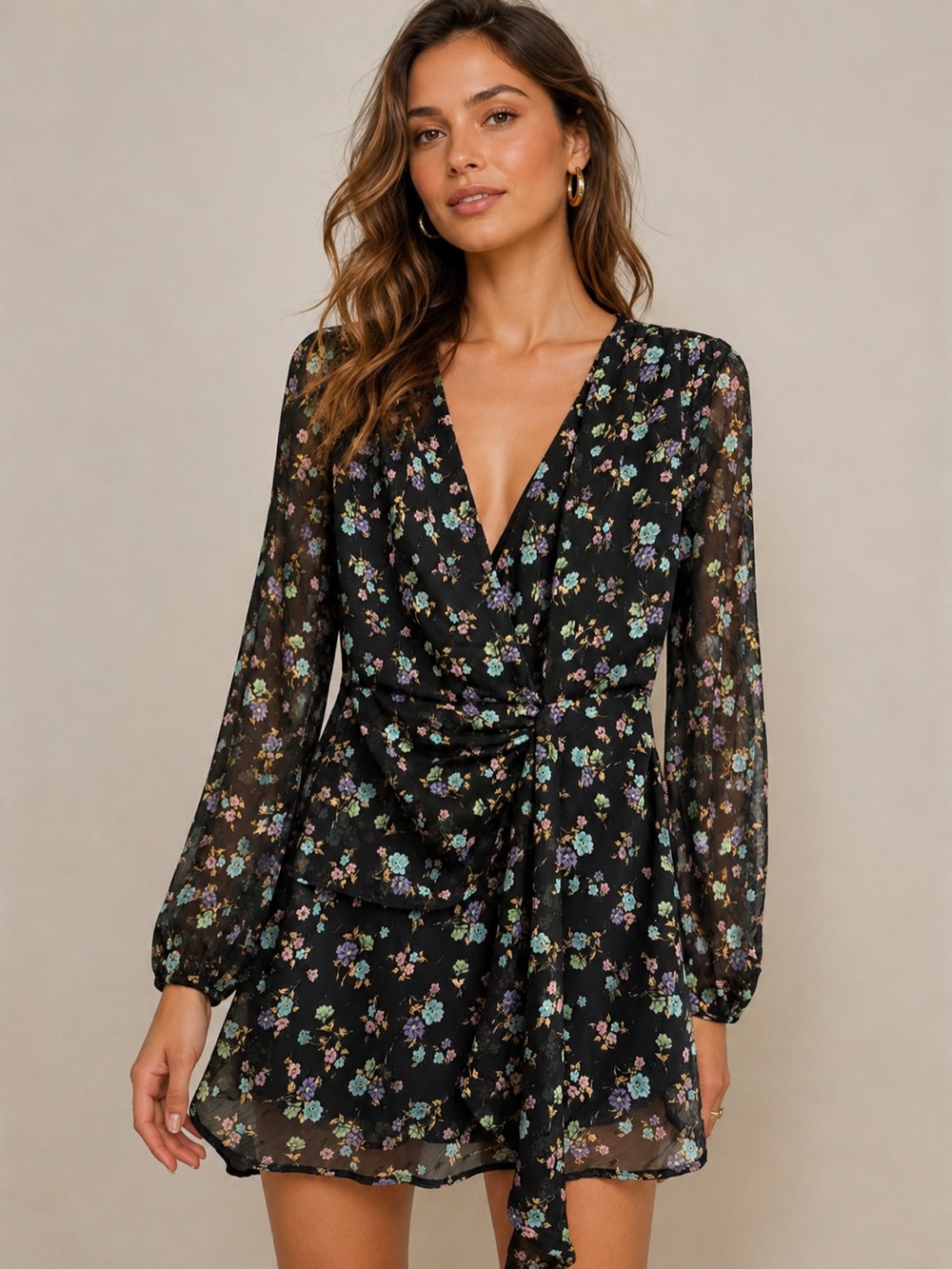 Zara Black & Teal Floral Balloon Sleeve Mini Dress Small